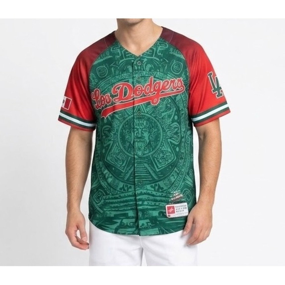 Los Angeles Dodgers Men's Green Red Mexican Heritage Night Aztec Jersey-MEDIUM